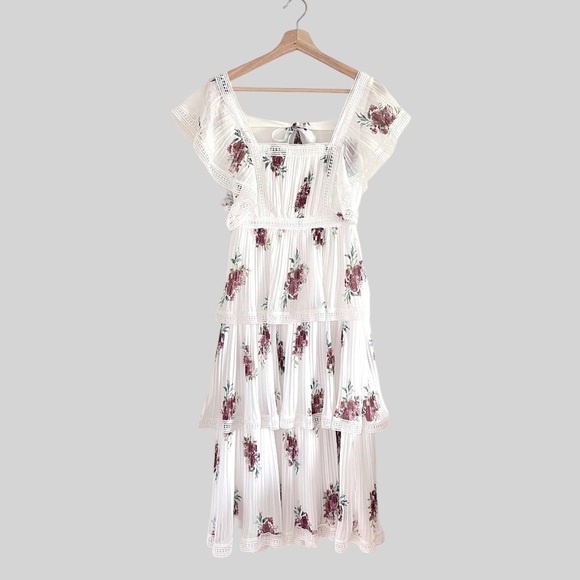 Lulus Thriving Romance White Floral Tiered Plisse Pleat Lace Trim Midi Dress XS - Picture 5 of 14
